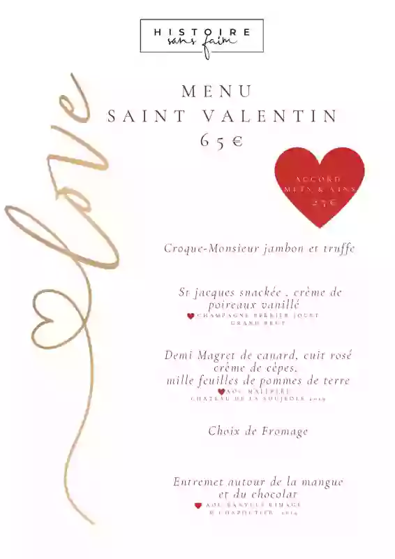 Menu Saint Valentin - Histoire Sans Faim - restaurant ROCHETAILLEE-SUR-SAONE - bon restaurant ROCHETAILLEE-SUR-SAONE
